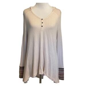 Paper Crane Waffle Knit Top Fair Isle Cuffs Womens Small Cream Hooded Thermal